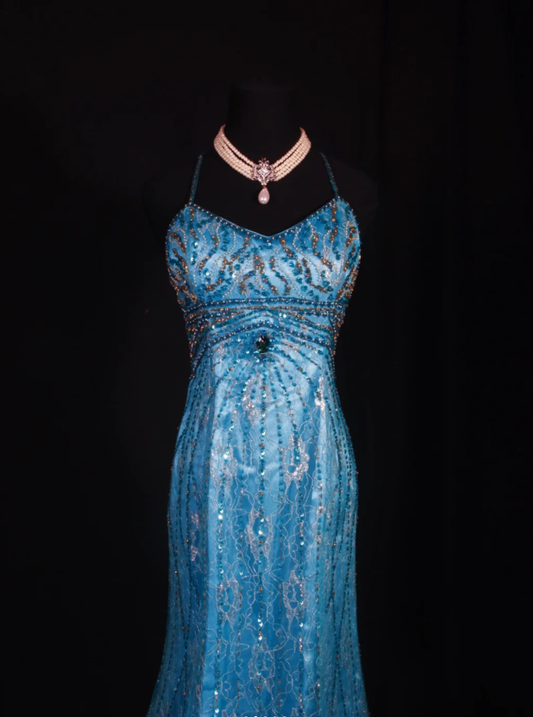 Glamorous Spaghetti Straps Blue Lace Beaded Mermaid Long Evening Dress Party Gown