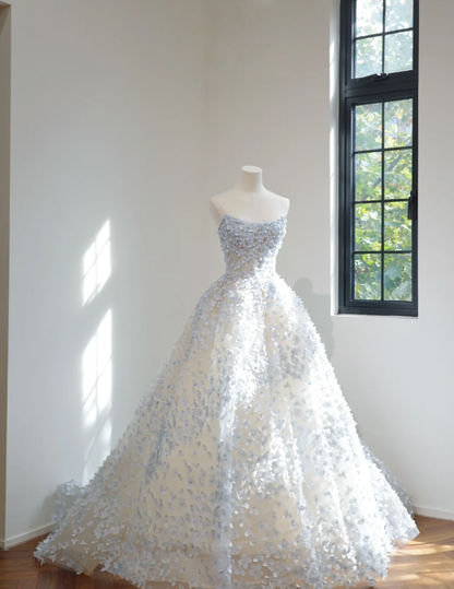 Fairy Strapless Blue Tulle 3D Flowers Beaded Ball Gown Pretty Long Wedding Dress