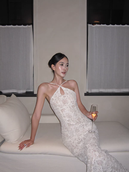 Glamorous Beige Sleeveless Lace Mermaid Slit Long Evening Dress Formal Birthday Party Gown