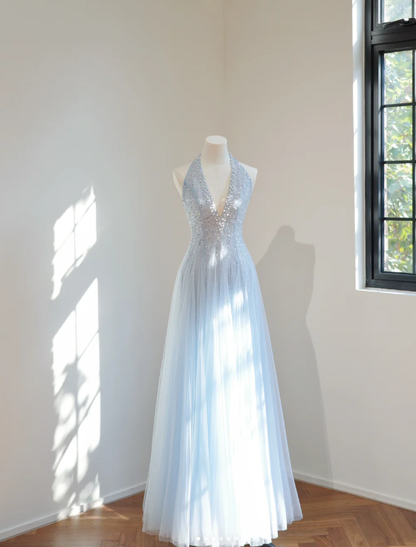 Fairy Halter V Neck Sky Blue Tulle Sequin Beaded A Line Long Prom Dress Party Gown