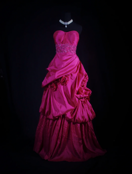 Pretty Strapless Satin Pleated Ball Gown Pink Long Party Dress Prom Gown