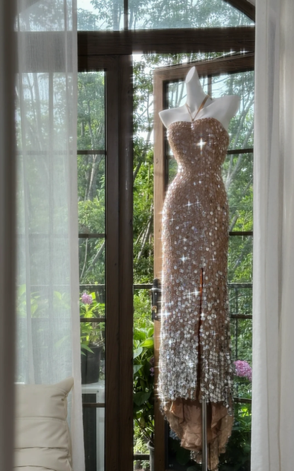 Gorgeous Halter Champagne Sequin Slit Mermaid Party Dress Long Evening Gown
