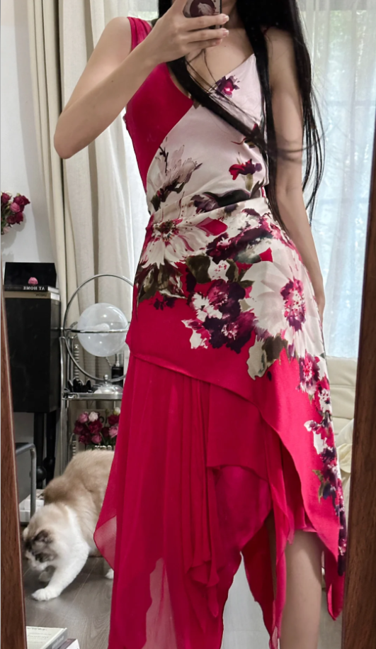 Charming Red V Neck Satin Floral Chiffon Mermaid Long Party Dress Birthday Dress D2298