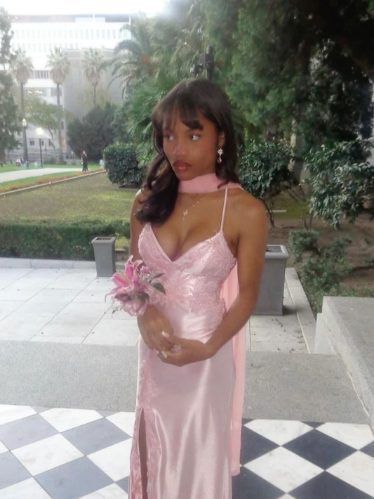 Classy Spaghetti Straps Satin Appliques Prom Dress Slit Mermaid Prom Gown