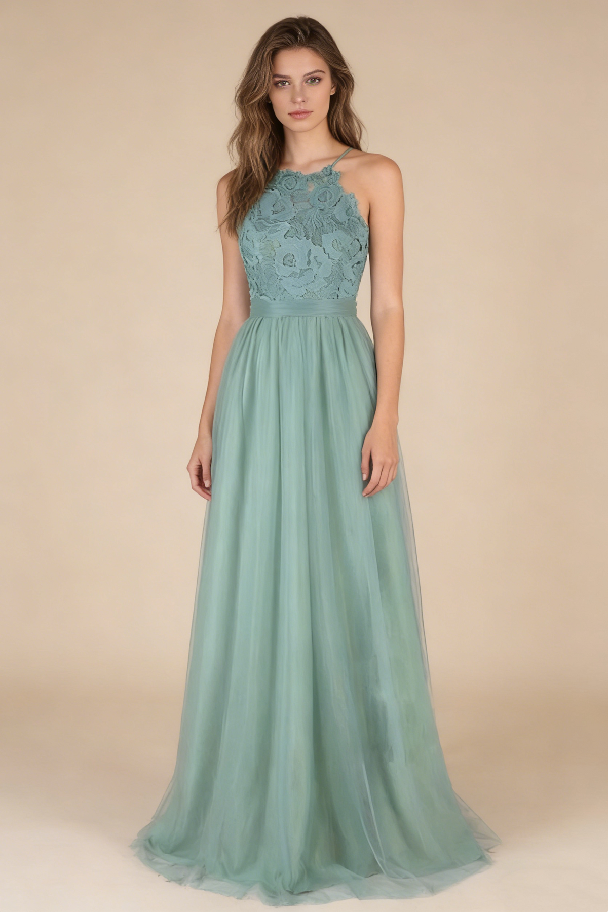 A Line Prom Dress Backless Green Tulle Formal Graduation Evening Dresses M3047