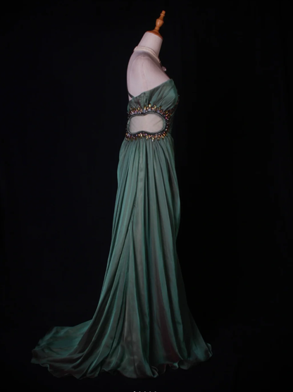 Vintage Green One Shoulder Satin Chiffon Beaded Mermaid Long Evening Dress Birthday Dress D2269
