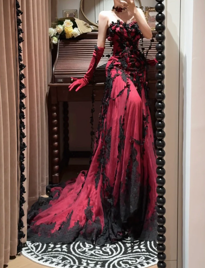 Charming Spaghetti Straps Burgundy Lace Appliques Beaded Mermaid Long Party Dress Evening Dress With Flowers D2050