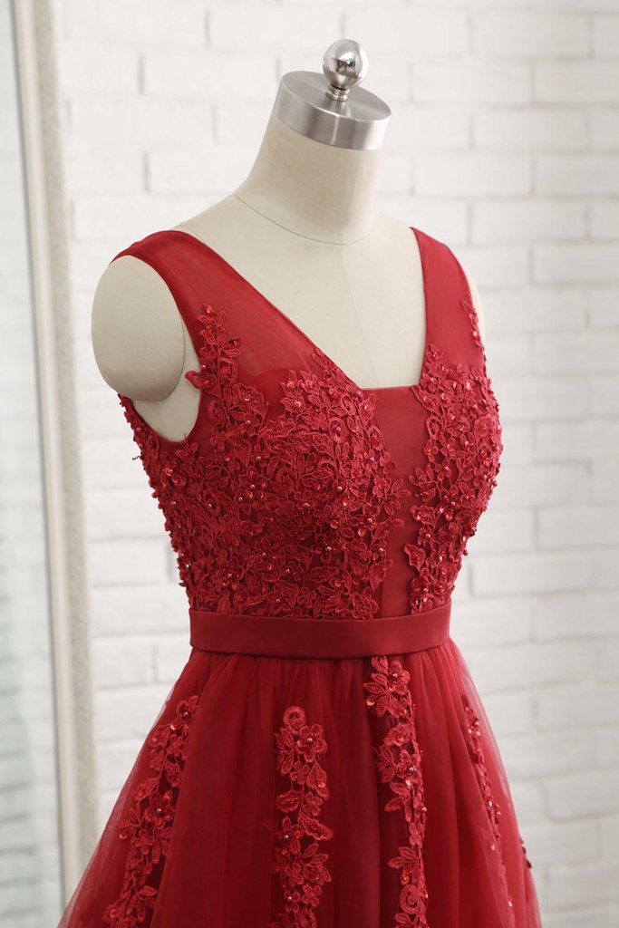 Cheap Floor Length Burgundy V Neck Evening Dress, Appliqued Long Tulle Prom Dress M1466
