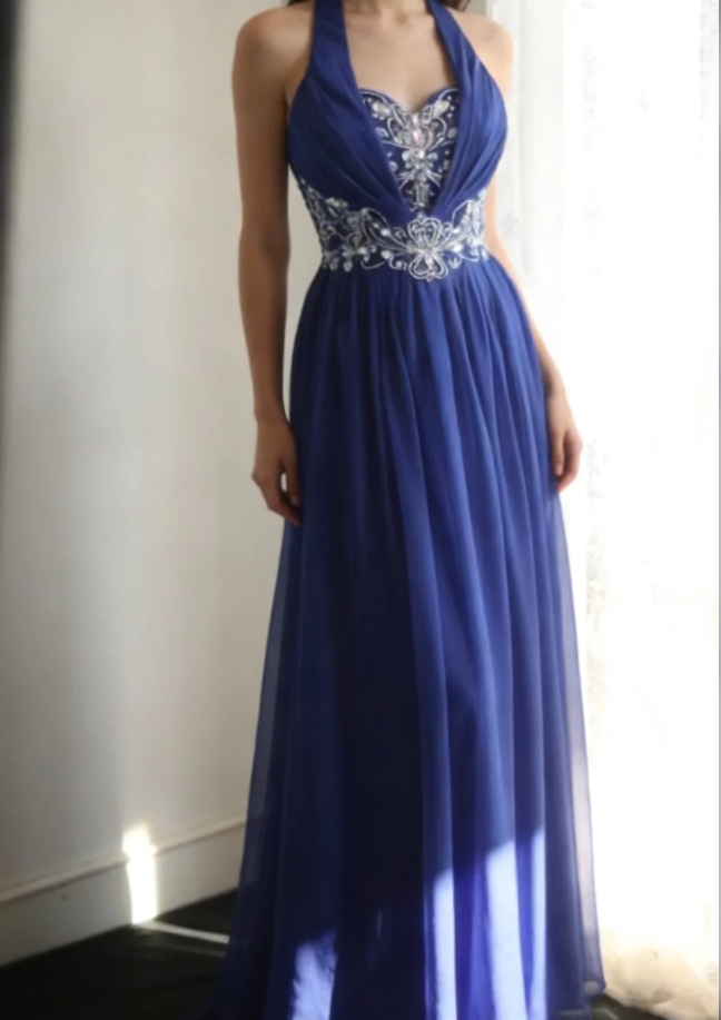 Stylish Halter Royal Blue Chiffon Beaded Long Evening Dress Formal Wedding Guest Dress Prom Gown