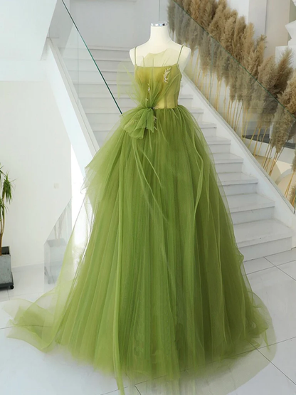 A-Line Green Tulle Long Prom Gown B050