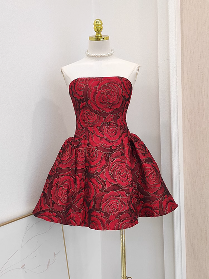 Cute Ball Gown Strapless Red Satin Floral Cocktail Dress Short Birthday Outfits