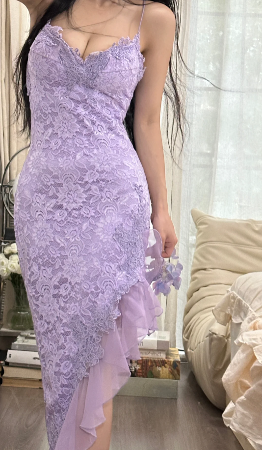 Pretty Spaghetti Straps Lavender V Neck Lace Chiffon Ruffles Long Party Dress Birthday Dress D2305
