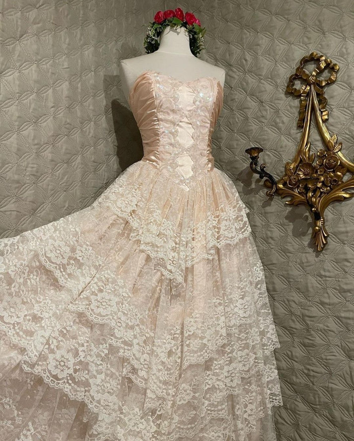 Strapless Lace Layered A Line Prom Dress Elegant Ball Gown cc2736