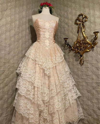Strapless Lace Layered A Line Prom Dress Elegant Ball Gown cc2736