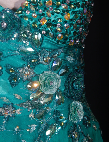 Fashion Strapless Green Satin Beaded  Birthday Prom Dress Embroidery Floral Mermaid Long Evening Dress D2281