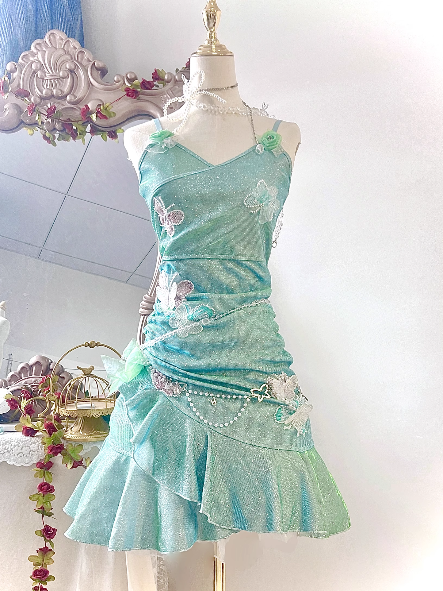 Glitter Mint Green Spaghetti Straps Sequin Ruffles Birthday Outfits Graduation Homecoming Dress S611