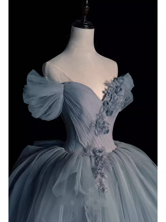 Fairy Ball Gown Off The Shoulder Gray Long Prom Dress B397