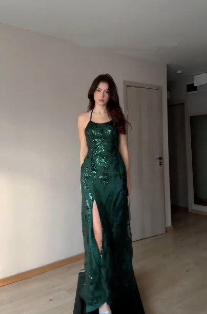 Unique Halter Green Satin Sequin Slit Mermaid Evening Dress Long Prom Gown