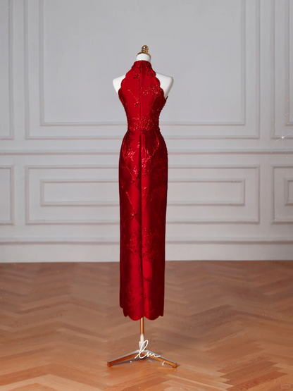 Gorgeous Red Satin Beaded Sheath Slit Prom Dress Formal Evening Dress Y8642