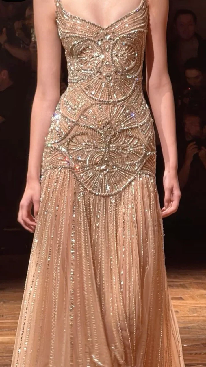 Gorgeous Spaghetti Straps Tulle Beaded Mermaid Long Party Dress Evening Gown