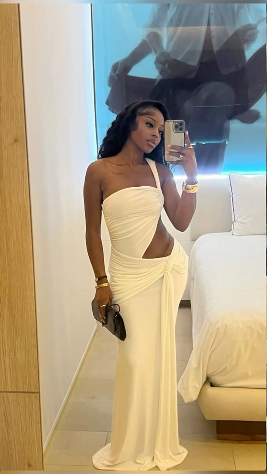 Sexy White One Shoulder Satin Pleated Mermaid Evening Dress Long Prom Gown SP518