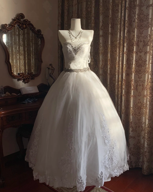 Pretty White Strapless Tulle Beaded Appliques Long Wedding Dress Bridal Dress D1718