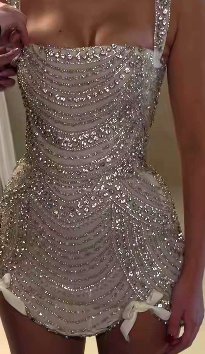 Glitter Champagne Tulle Beaded Birthday Outfits Short Sheath Homecoming Dress Cocktail Dress S379