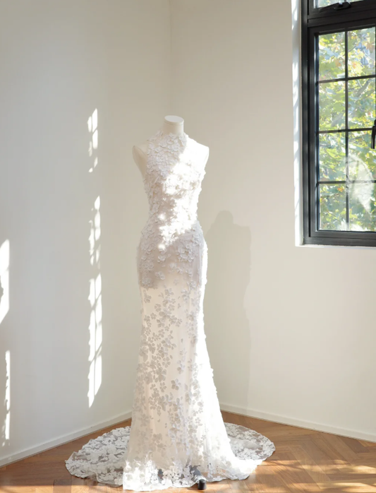Pretty Sleeveless white Tulle Appliques Mermaid Long Wedding Dress Bridal Dress D2156