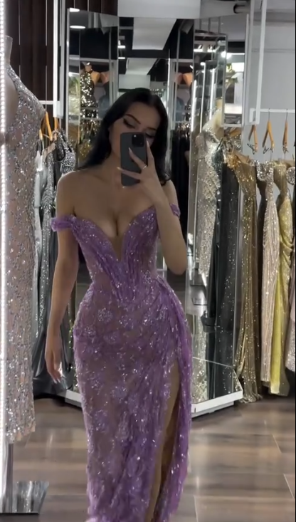 Elegant Off The Shoulder Purple Lace Pleated Slit Mermaid Prom Dress Long Birthday Evening Gowns SP1737