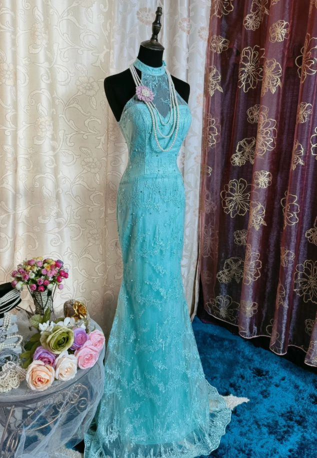 Glamorous Sleeveless Mint Green Lace Beaded Mermaid Long Prom Dress Formal Birthday Evening Gown SP1893