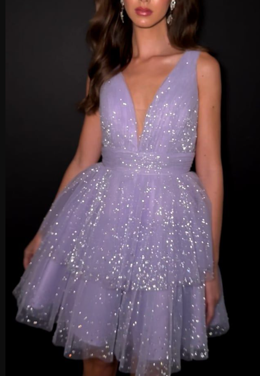 Shiny V Neck Purple Sleeveless Tulle Sequin A Line Short Party Dress Formal Homecoming Dress Birthday Outfits D562
