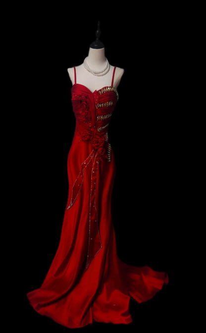 Charming Red Spaghetti Straps Satin Pleated Beaded Mermaid Evening Dress Long Prom Gown With 3D Flowers