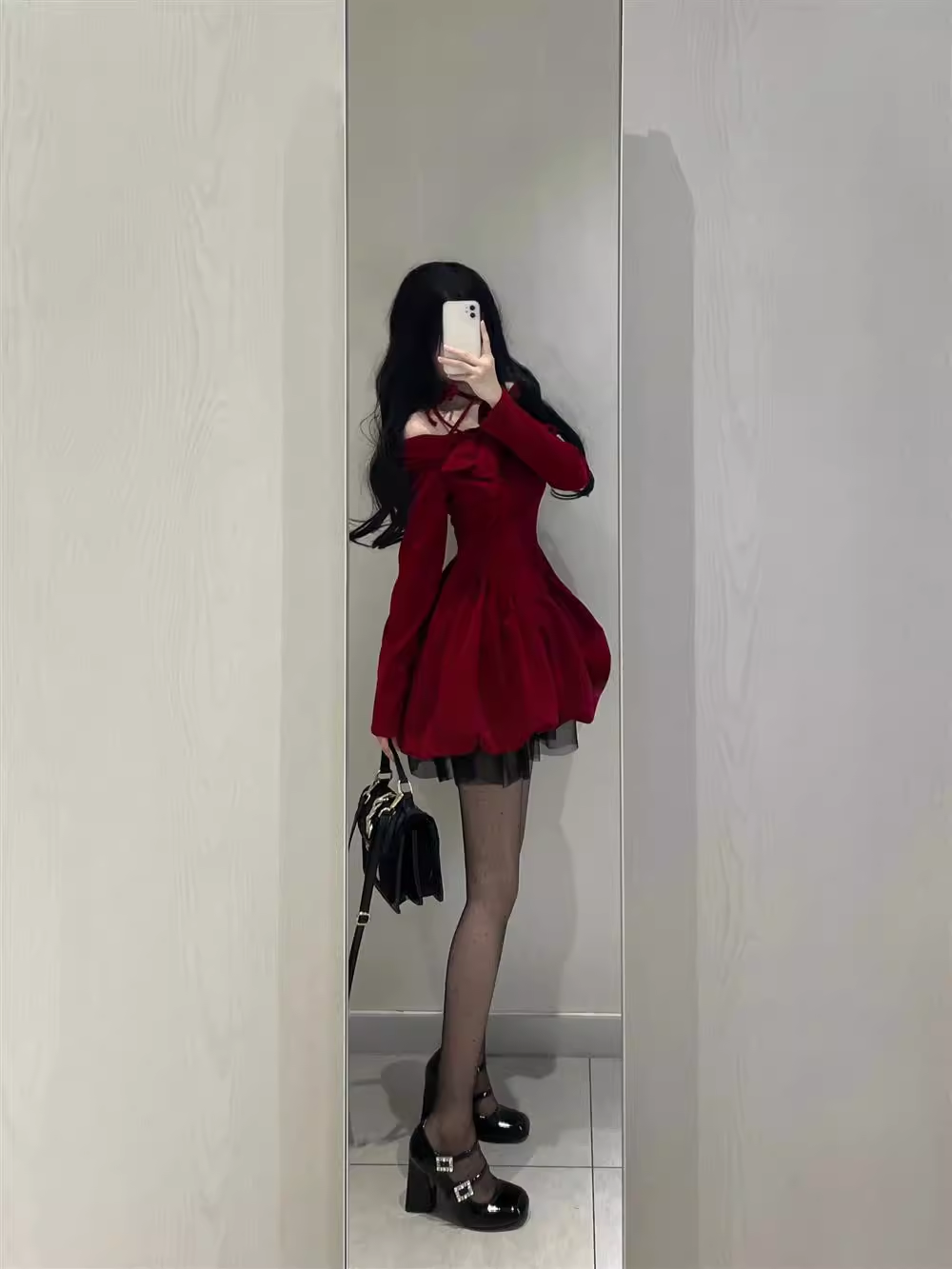 Cute Ball Gown Long Sleeves Velvet Red Short Cocktail Dresses Birthday Outfits