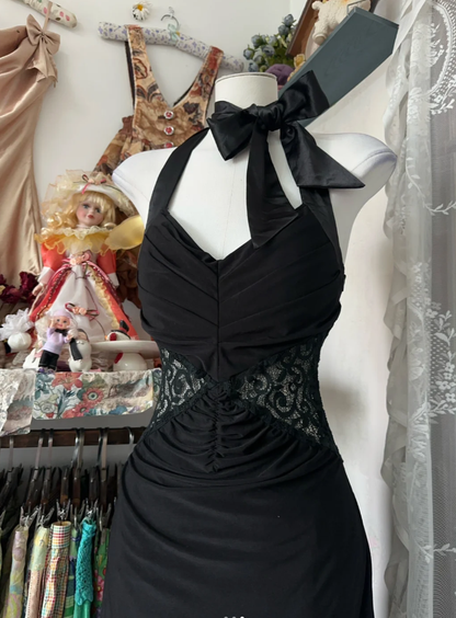 Sexy Black Halter V Neck Satin Lace Mermaid Long  Evening Dress Birthday Prom Dresses D1759