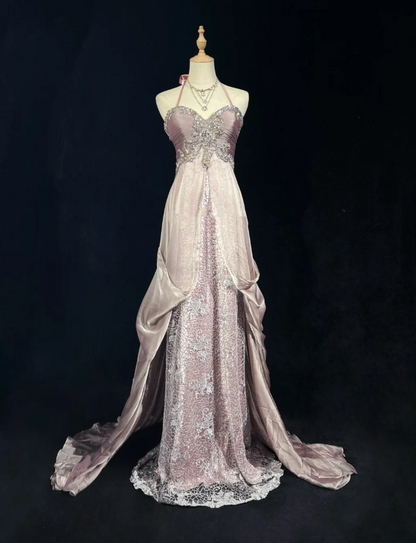 Glamorous Pink Halter Satin Lace Beaded Mermaid Evening Dress Long Birthday Prom Dress Party Gown