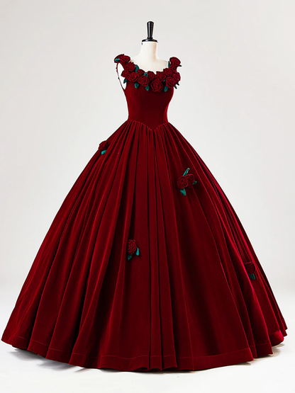 Beautiful Burgundy Velvet Quinceanera Dress Birthday Ball Gown With Rose Flowers Y7750