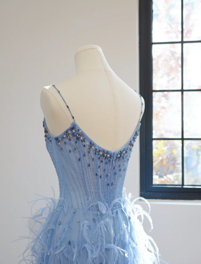 Fairy Spaghetti Straps Blue Satin Beaded Feathers A Line Birthday Prom Dress Party Dress D2151