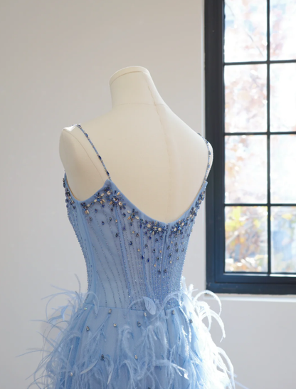 Fairy Spaghetti Straps Blue Satin Beaded Feathers A Line Birthday Prom Dress Party Dress D2151