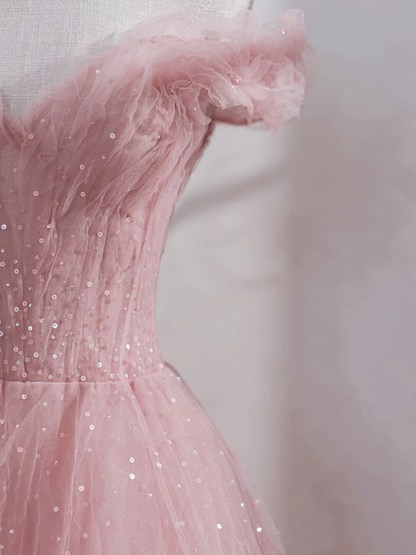 Pink Off Shoulder Tulle Tea Length Prom Dress, Tulle Formal Dress Y1281