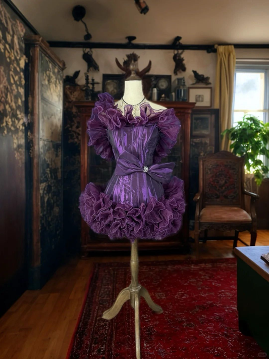 Vintage Strapless Purple Satin Tulle Pleated Sheath Short Homecoming Dress Birthday Outfits D345