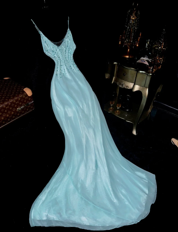 Classy Tiffany Blue Tulle Satin Beaded Mermaid Long Wedding Guest Dress Party Dress SP1419