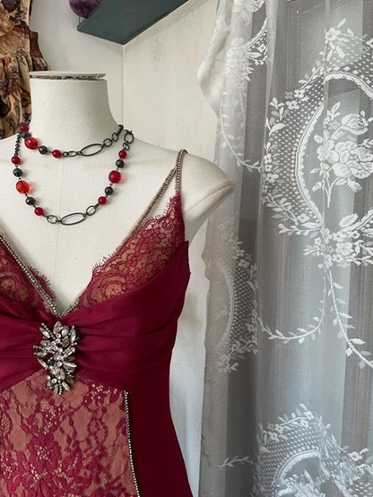 Retro Lace Burgundy Long Prom Dress Mermaid Evening Party Gown  cc3017