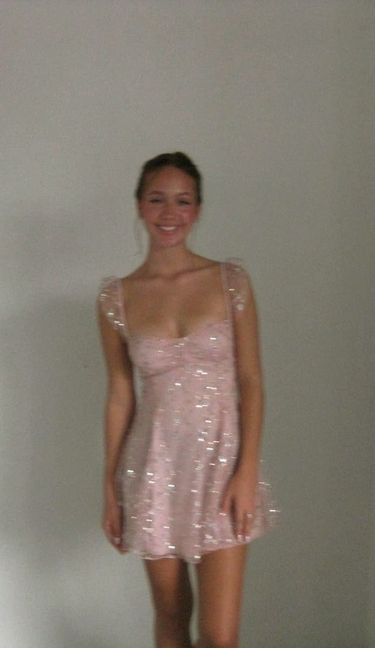 Sparkly Tulle Sequin A Line Pink Short Prom Dress Formal Homecoming Dress Birthday Dress D588
