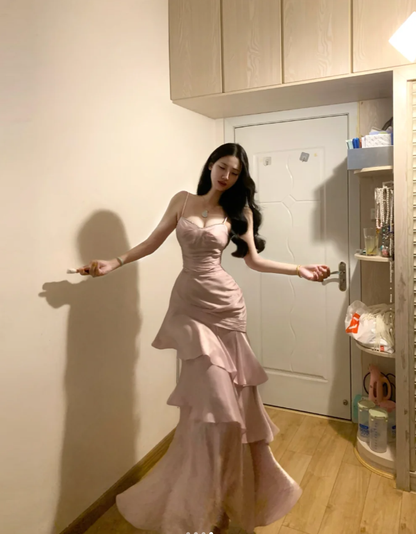 Sweet Pink Spaghetti Straps Satin Layered Mermaid Evening Dress Formal Party Gown Guest Dress