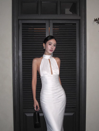 Sexy Halter White Satin Pleated Mermaid Long Wedding Guest Dress Birthday Prom Dress Evening Gown