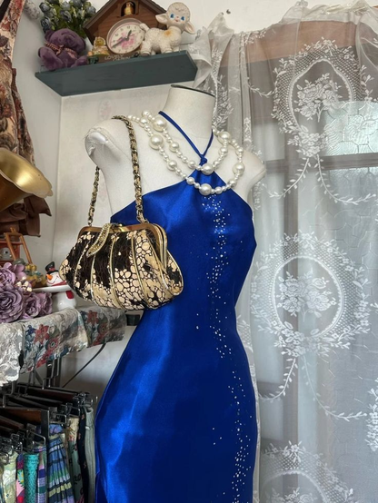 Sexy Royal Blue Satin Beaded Mermaid Long Wedding Guest Dress Formal Evening Dress Party Gown