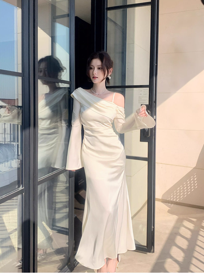 Classy Light Apricot Off The Shoulder Mermaid Slit Long Party Dress Prom Gown Formal Wedding Guest Dress SP1494
