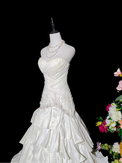 Elegant Strapless White Satin Beaded Pleated Layered Mermaid Long Prom Dress Birthday Party Dress D2370