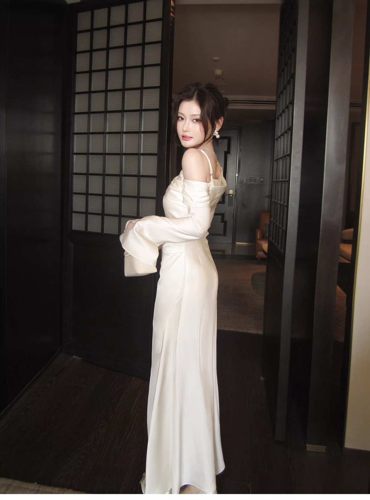 Classy Light Apricot Off The Shoulder Mermaid Slit Long Party Dress Prom Gown Formal Wedding Guest Dress SP1494