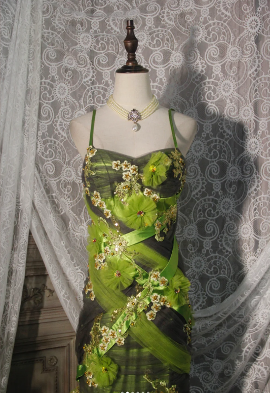 Vintage Green Spaghetti Straps Satin Tulle Appliques Mermaid Prom Dress Long Evening Dress D2250